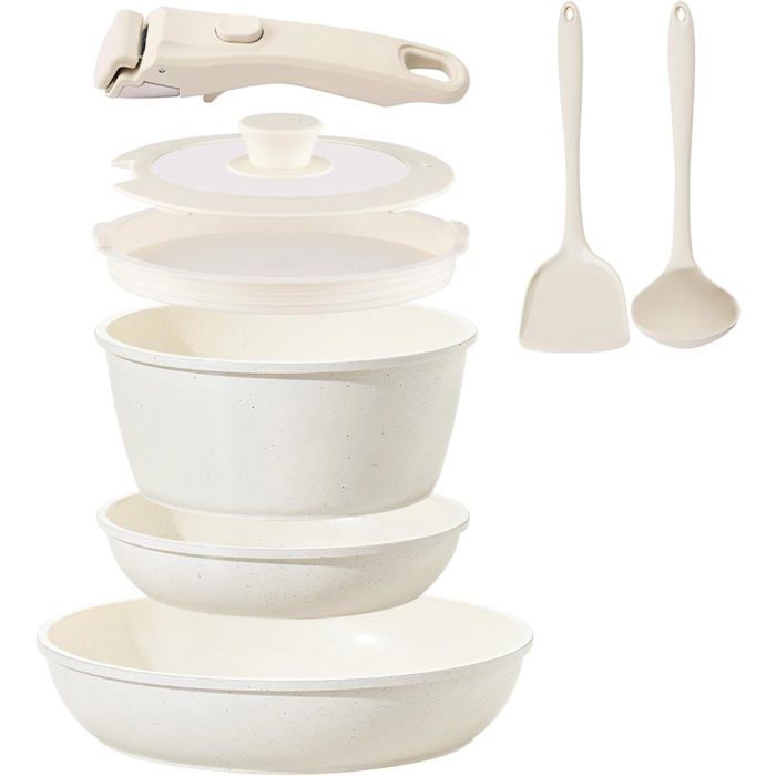 Set Batterie Cuisine Céramique 8 Pièces Poêles Et Casseroles Antiadhésives Sans PFOA Poignées Amovibles Induction Empilable