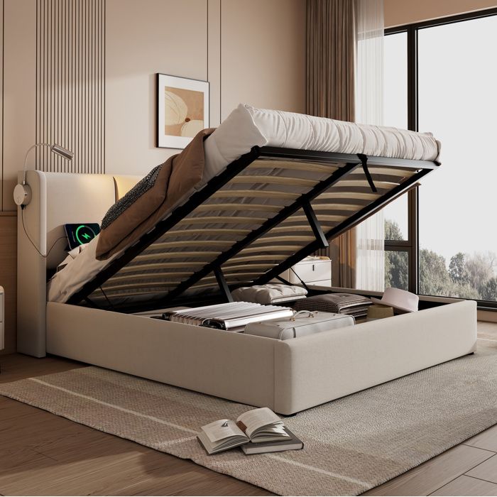 Lit Coffre 180x200 En Lin Beige Lit Double Moderne FloraGrace Pour Chambre USB Et Liseuses LED 206x185x105cm