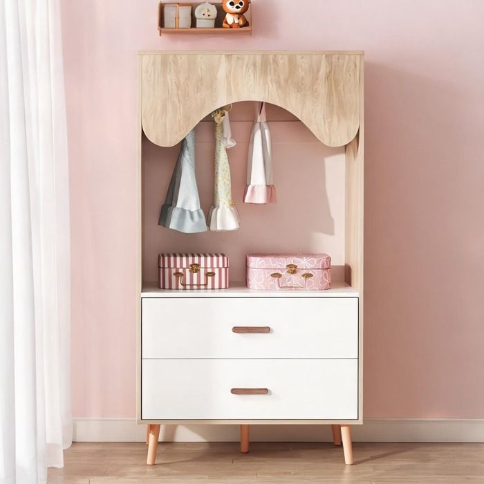 Garde-robe enfant 80x46x141 5 cm MDF finition blanche et bois naturel tringle penderie + 2 tiroirs