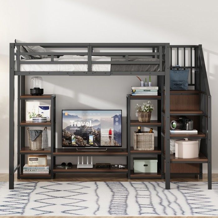 Lit mezzanine 90x200 bois métal noir avec espace rangement prise électrique échelle de sécurité design moderne pour enfant Lit mezzanine 90x200 bois métal noir avec espace rangement prise électrique échelle de sécurité design moderne pour enfant