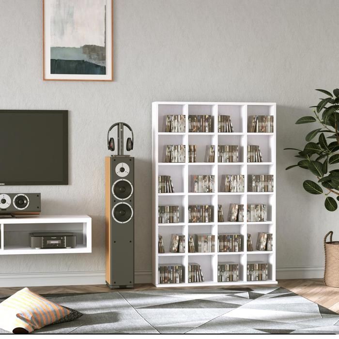 Meuble range CD et DVD blanc 456 CD ou 336 DVD tablettes réglables sur 3 positions anti-basculement 89 x 20 x 130 5 cm