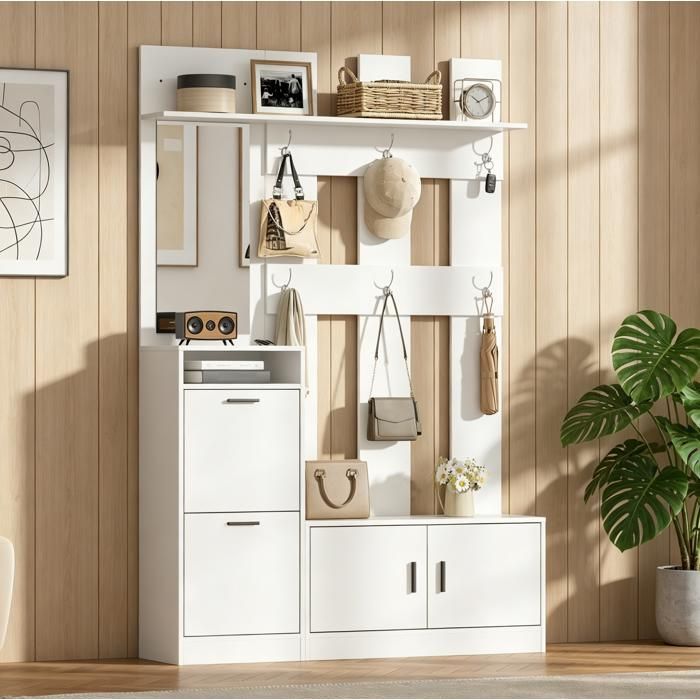 Vestiaire d’entrée avec meuble à chaussures miroir et 6 patères – MDF blanc mat – 120 x 30 x 180 cm Vestiaire d’entrée avec meuble à chaussures miroir et 6 patères – MDF blanc mat – 120 x 30 x 180 cm