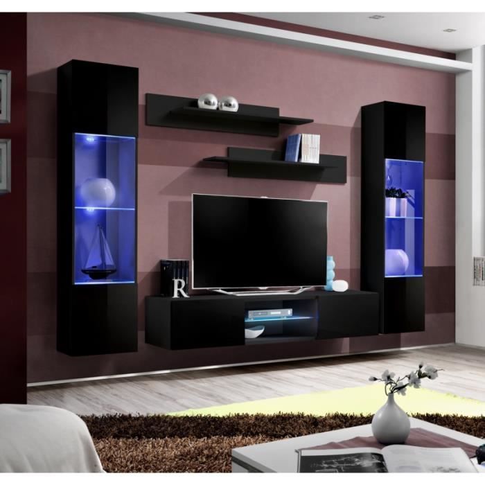 ensemble meuble tv mural - ac-déco - fly o3 - noir - 2 portes - adulte