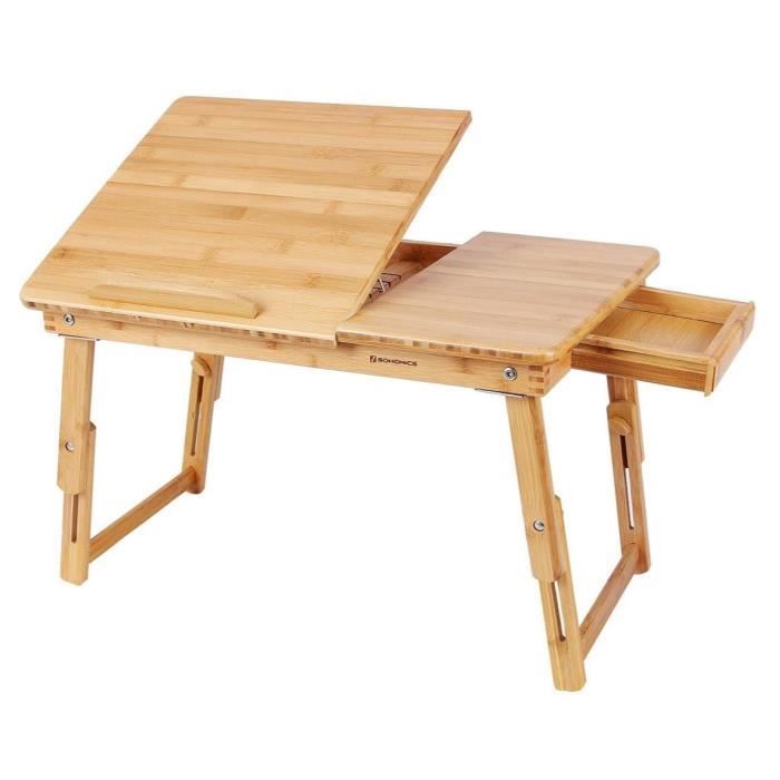 table de lit pliable en bambou table pour ordinateur portable hauteur reglable avec tiroir dimensions 63,5 cm