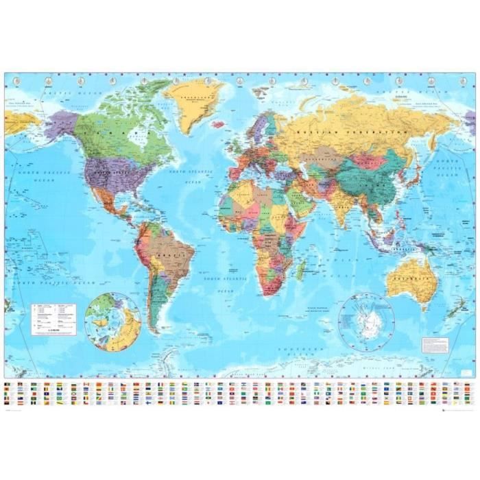 Carte du monde - fuseaux horaires - Country Flags - Affiche géante