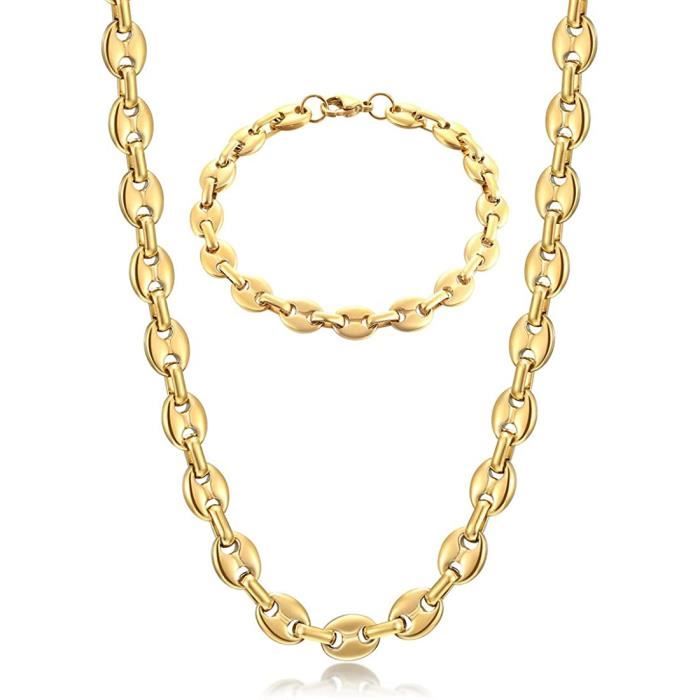 Collier Homme Maille Grain De Café - Acier Inoxydable Argent - Longueur 46-66cm - Cadeau Élégant