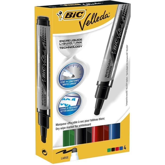 Feutres Tableau Blanc BIC Velleda 1721 – Pointe Fine, Effaçables à Sec, Couleurs Assorties (Pack 5 : Bleu, Noir, Vert, Rouge)