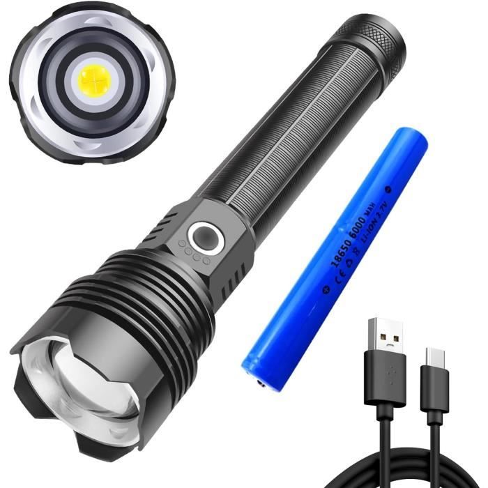 Lampe De Poche LED Rechargeable 500 000 Lumens - Zoomable, 8 Modes, étanche IP65 - Batterie 5000 MAh - Pour Camping, Extérieur