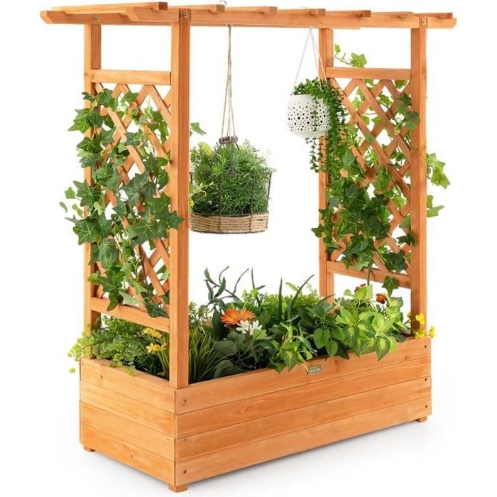 COSTWAY Jardinière avec Treillis Latéraux et Toit Suspendu Bois Sapin Pré-huilé 110x44x1135 CM Bac à Fleurs avec Trou de Drainage