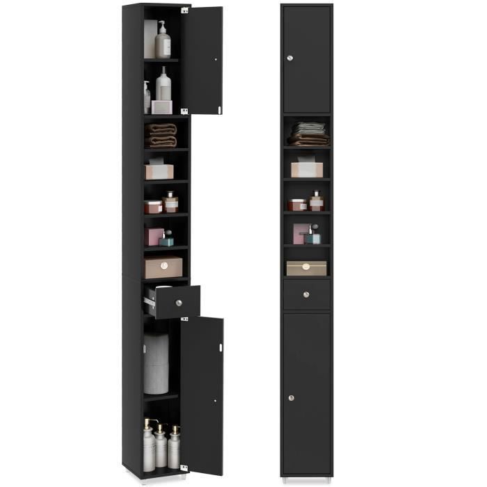 COSTWAY Meuble Colonne de Salle de Bain avec 2 Placards à Porte 1 Tiroir et 5 Étagères Réglables 20 x 20 x 180 cm Noir