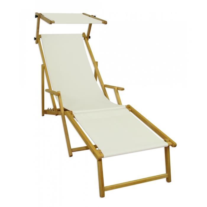 Chaise longue de jardin en bois naturel toile blanc avec repose-pieds et pare-soleil 10-303NFS