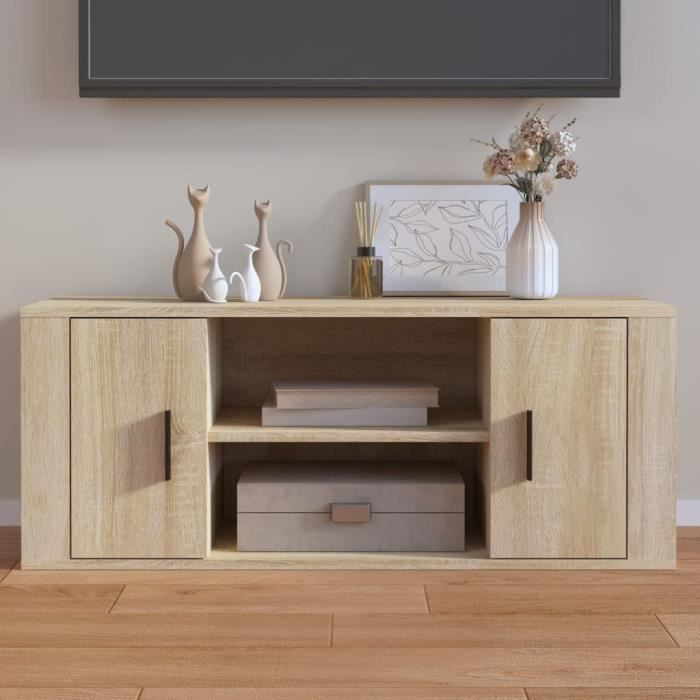 famirosa meuble tv chêne sonoma 100x35x40 cm bois d'ingénierie-094