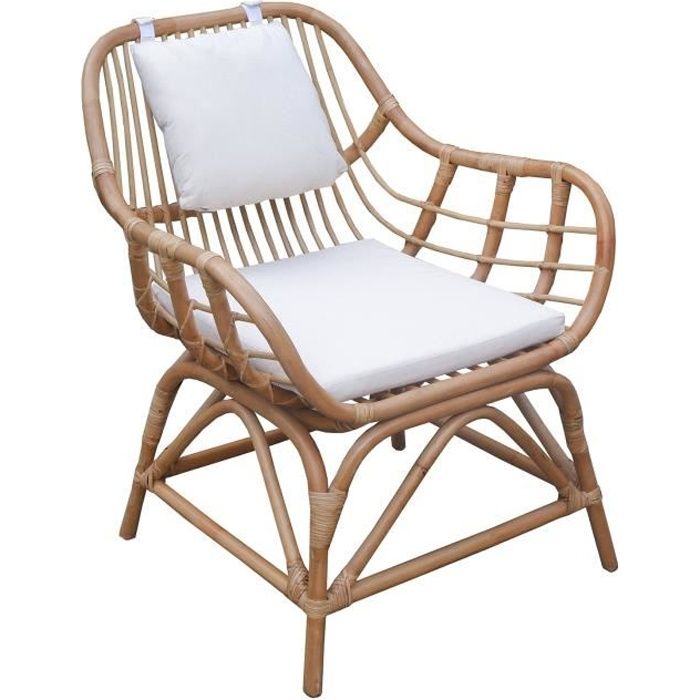 fauteuil en rotin naturel chillvert parma 65x68x84 cm avec 2 coussins blancs et accoudoirs latéraux