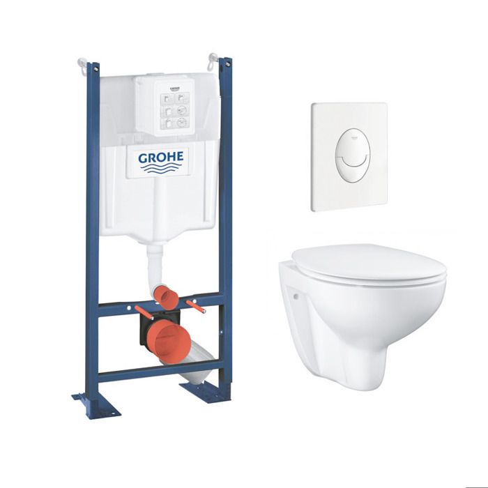 Grohe Pack WC Rapid SL autoportant + cuvette Bau Ceramic sans bride + plaque Skate Air blanche (ProjectBau-3)