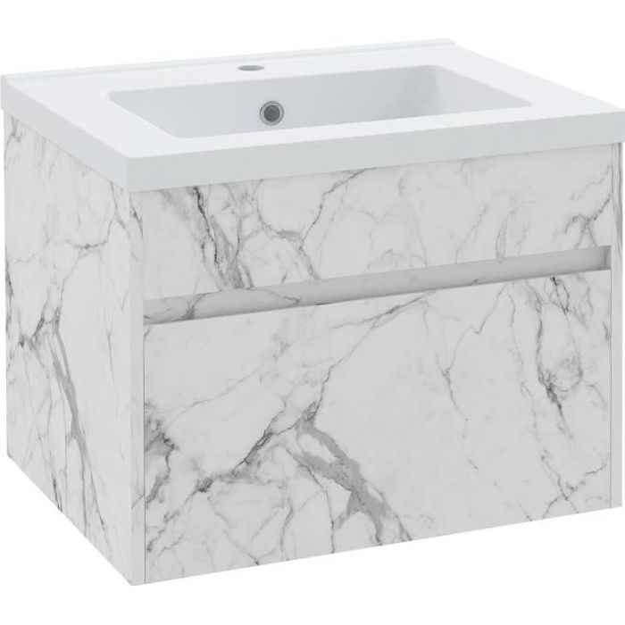 meuble sous-vasque suspendu - vasque céramique incluse - tiroir coulissant - dim. 60l x 45l x 45h cm - aspect marbre blanc