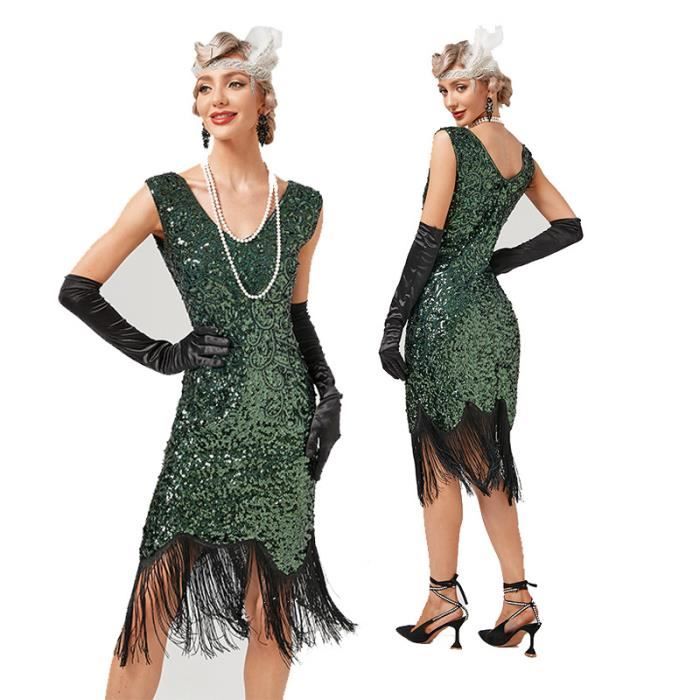 Robe Déguisement Femme Année 20 Charleston Vintage Rétro Franges Paillettes  Col V Robe Soirée Bal Cocktail Cérémonie XS-3XL Vert Vert - Cdiscount  Prêt-à-Porter