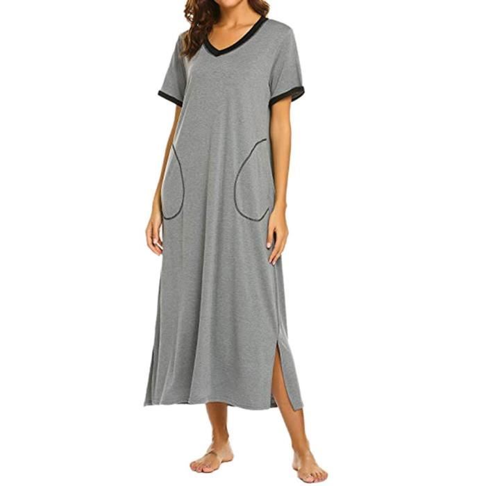 Chemises de Nuit Longue Femme Coton T Shirt de Nuit Long Manches Courtes Robe de Nuit Longue Pyjama Casual Col Rond Top Confortable 