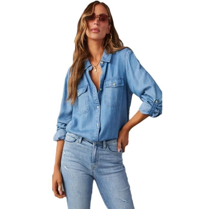 Chemise en jean pour femme Chemisier western Tunique a manches longues Bleu Fonce