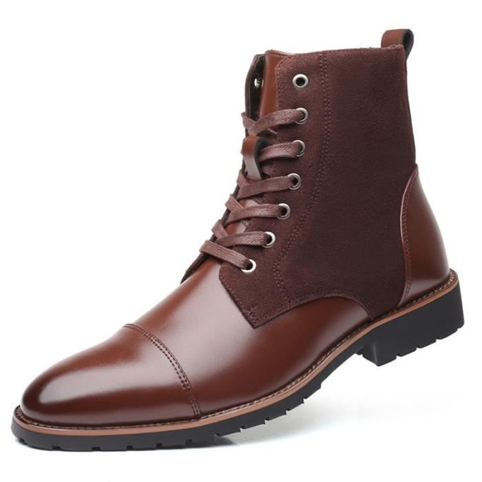 Botte Martin Homme Cuir PU Pointue Haute Aide Travail Lacet Casual Grande Taille 38-48 Marron