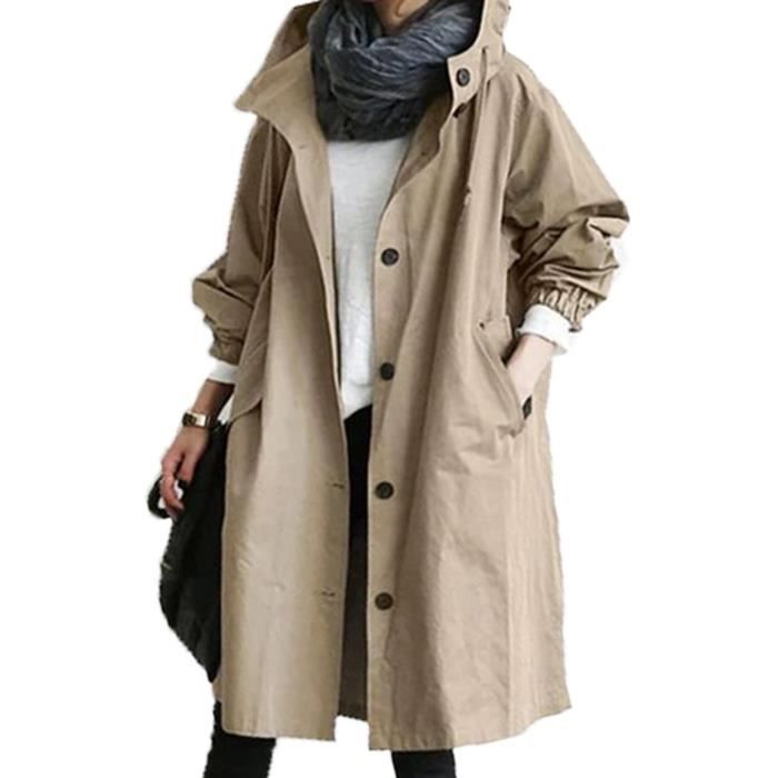 Trench Femme Hiver lâche à capuche sauvage élégant coupe-vent vêtements d'extérieur confortables @Kaki