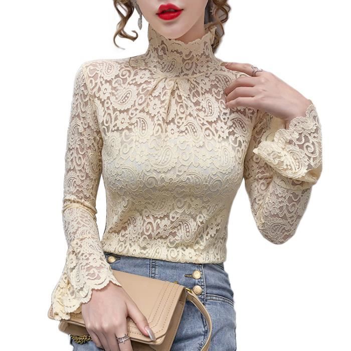 Pull Femme Dentelle Chic Tunique Haut Manches Longues Tops Pull Col Rond Fleuri Pull Casual Abricote Abricote Cdiscount Pret a Porter