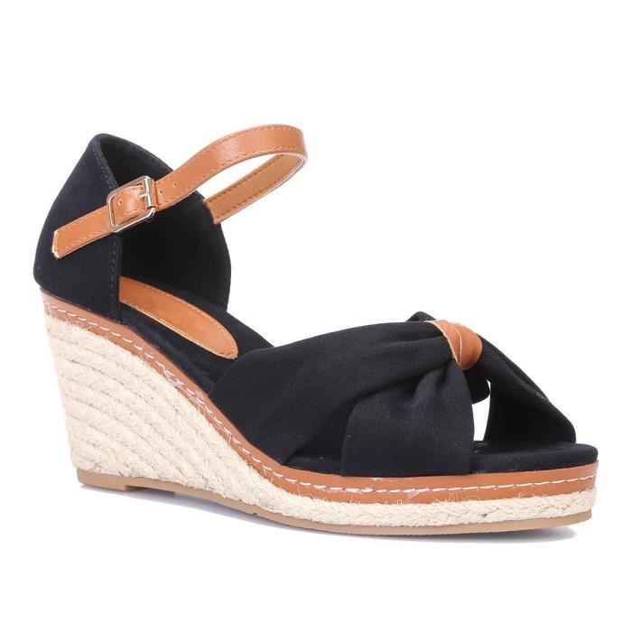 Sandales compensees LA MODEUSE Noir Brides croisees Effet noeud Talon cordage tresse Noir Cdiscount Chaussures