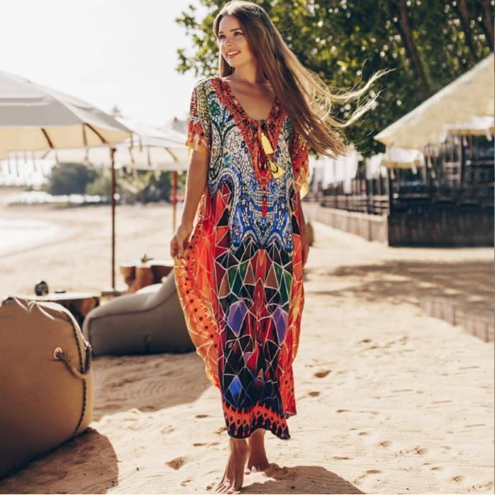 robe de plage en rayonne pour femme kimono long bikini cover up - rouge