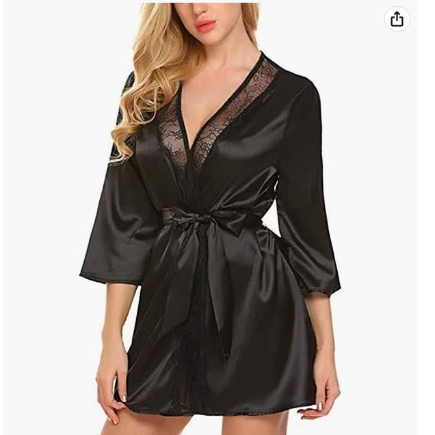 Peignoir Satin Kimono Femme Court Kimono Robes de Chambre Sexy Leger Peignoir Mariage Chemise de Nuit col V avec Ceinture. Noir Cdiscount Pret a Porter