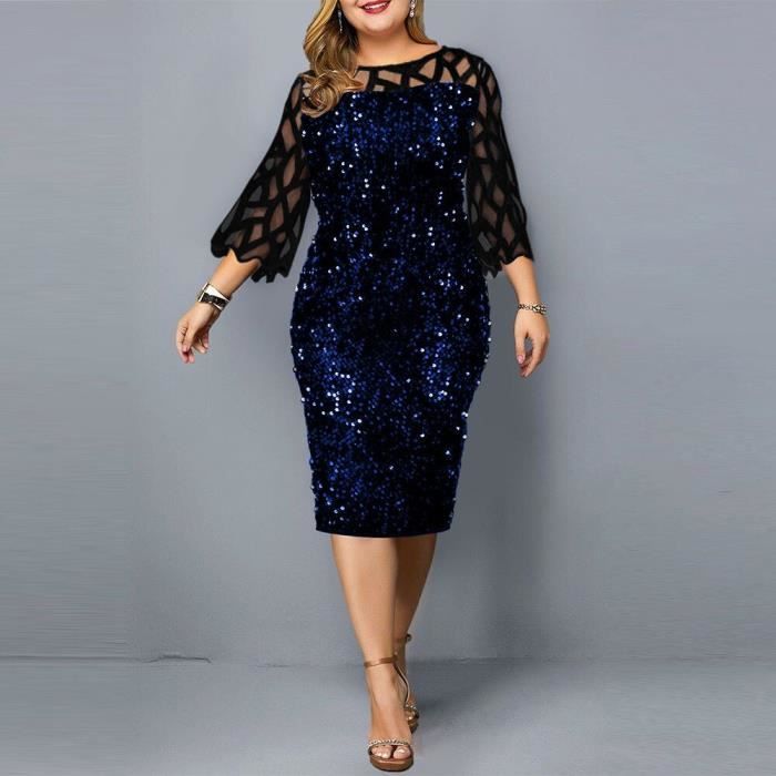 Robe de soir?�e en dentelle - Black blue - grande taille - manches longues - ?�l?�gante - moulante 