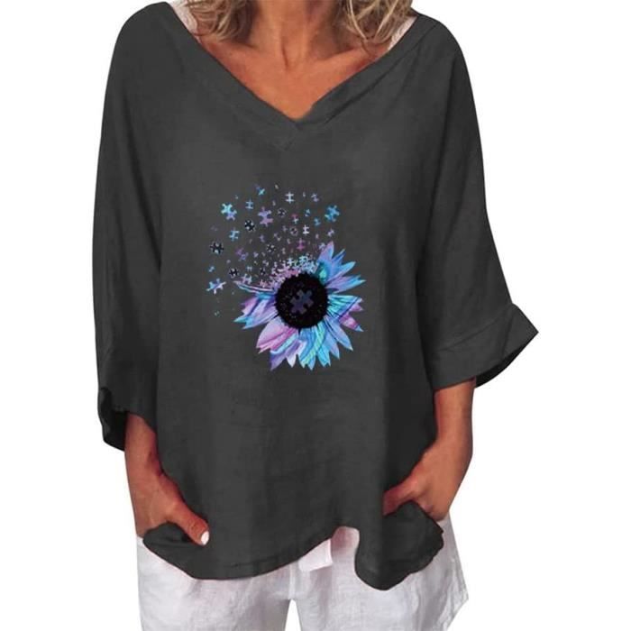 T Shirt Femme Vintage Coton et Lin Baggy Tops Ample Pas Cher Chic Imprime Fleuri Casual Oversize Manche Col en V Bleu Noir Bleu noir Cdiscount Pret a Porter