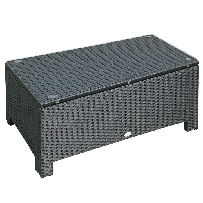 Table basse de jardin - Outsunny - plateau en verre trempé 5 mm - résine tressé - max. 50 kg - 85 x 50 x 39 cm - noir