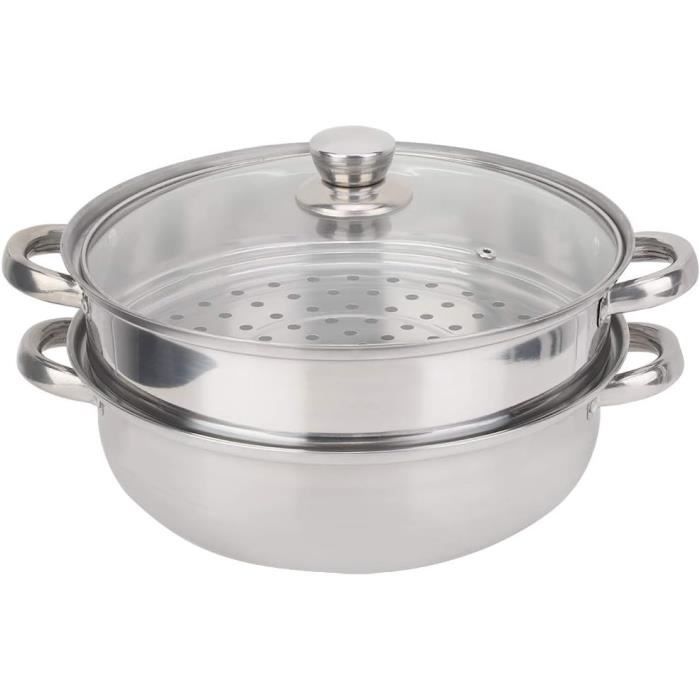 Marmite Vapeur 2 étages En Acier Inoxydable 27 Cm – Cuisson Vapeur Et Mijotage – Poignées Renforcées, Couvercle En Verre – Compatible Tous Feux