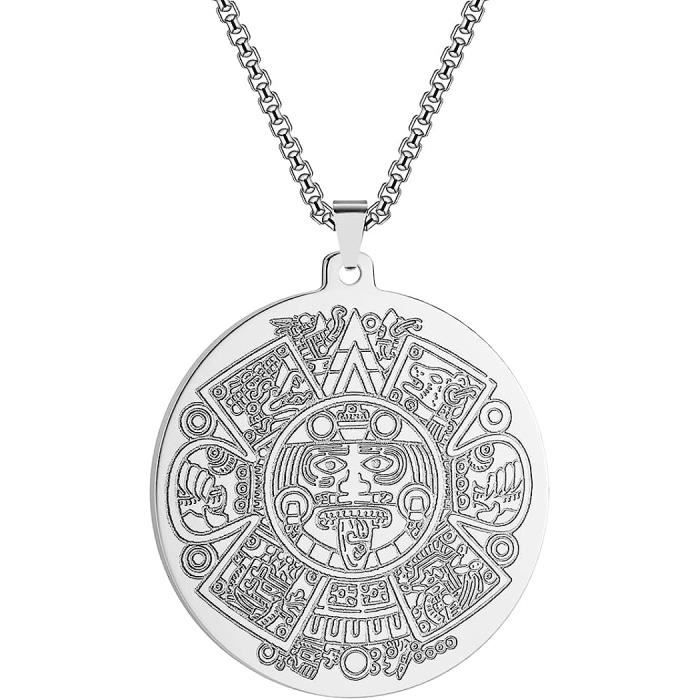 Collier Pendentif Calendrier Solaire Maya En Pierre Onyx Beige - Grand Modèle - Occasion