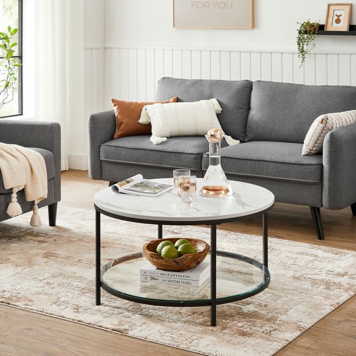 Table Basse, Table de Salon, Façon Marbre, Support en Verre Trempé