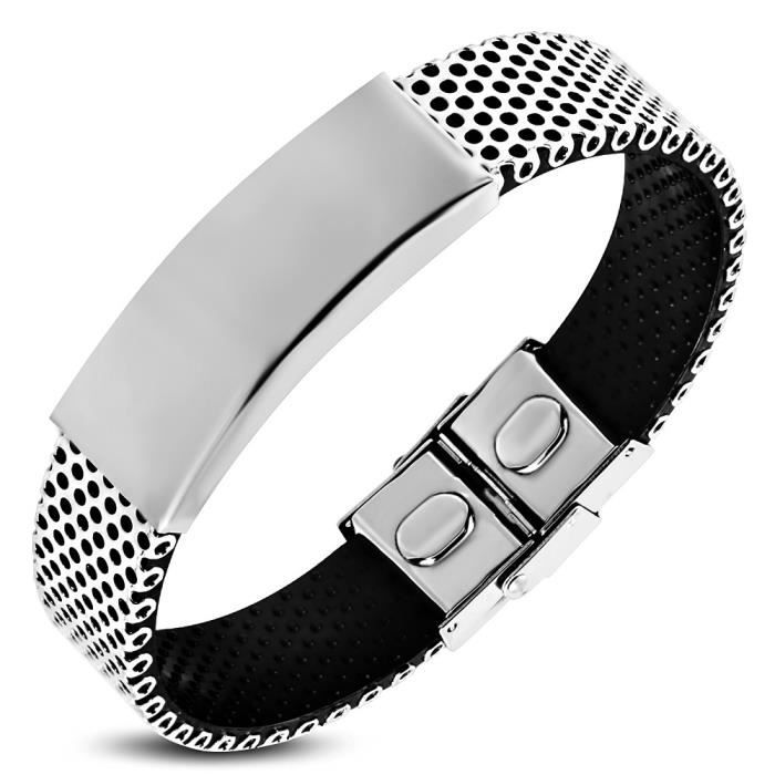 Gourmette homme en acier inoxydable et caoutchouc noir ZB0145 Gourmette homme en acier inoxydable et caoutchouc noir ZB0145