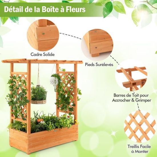 Jardinière Surélevée COSTWAY Avec Treillis - Bac à Plantes En Bois Naturel Pour Légumes Et Fleurs Grimpantes