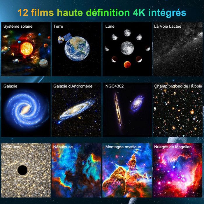 Projecteur Galaxie étoiles - 13 Disques HD, Lune, Nébuleuse, Système Solaire, RGB, Timer, Rotation 360°