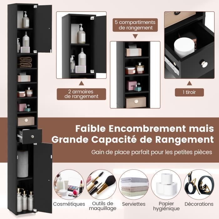 KOMHTOM Meuble D'Angle Rangement Salle De Bain Noir – 2 Portes + 2 Étagères Ouvertes, Multifonction 36,5x36,5x155 Cm