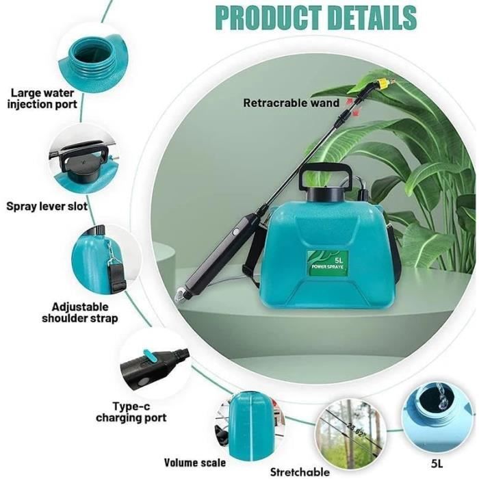 Pulvérisateur Jardin Électrique JAOGAUS 8L - Télescopique 60-90cm - 4 Buses - USB Rechargeable