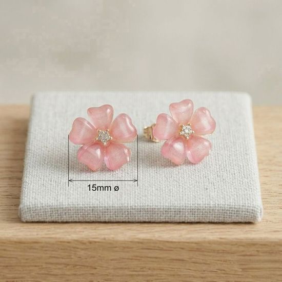 Boucles D'oreilles Clous Art Nouveau - Grosse Fleur émail Rose EH6 - Neuf Sans Emballage