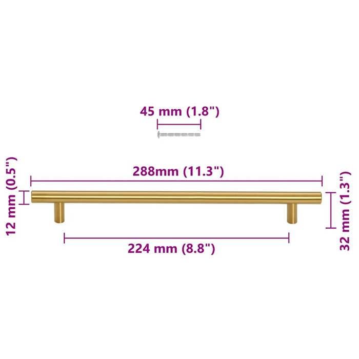 Poignée En T 350mm – Entraxe 224mm, Diamètre 12mm, Doré – Pour Meuble Ou Tiroir