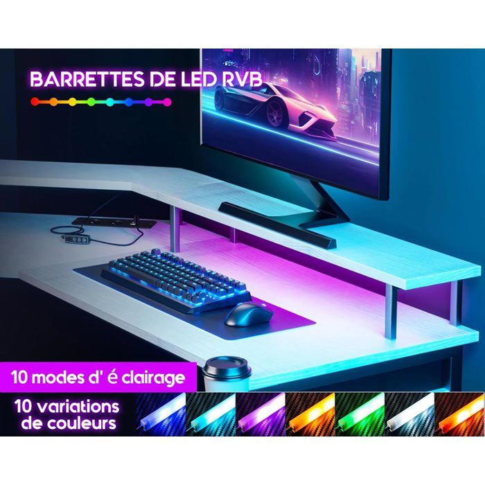 ODK Bureau Gaming avec LED, Bureau d'angle Gaming avec Prises et Ports USB, Bureau Gaming Angle avec Support pour Moniteur, Blanc, 129x129 cm ODK Bureau Gaming avec LED, Bureau d'angle Gaming avec Prises et Ports USB, Bureau Gaming Angle avec Support pour Moniteur, Blanc, 129x129 cm