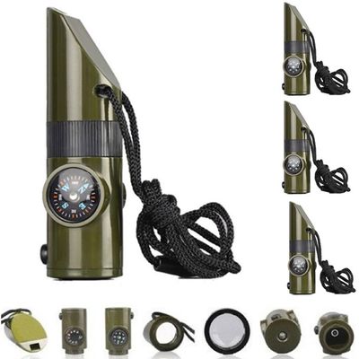YL Mainland Sifflet de survie d'urgence 7 en 1 multifonction avec boussole, thermomètre, lumière LED, loupe, réflecteur, idéal pour les activités de plein air