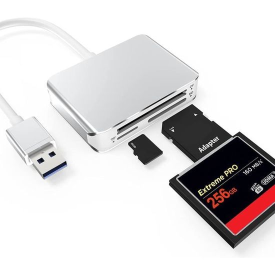 Lecteur de Carte SD Micro SD TF CF MS 4 en 1 Adaptateur Compact Flash 5Gbps  Transfert Rapide Simultané à 4 Cartes