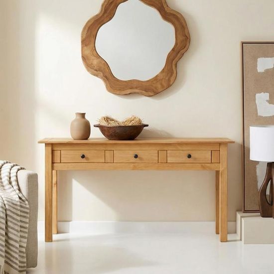 Console Meuble Pin Massif Style Mexicain - 122x73cm, 3 Tiroirs - Blanc
