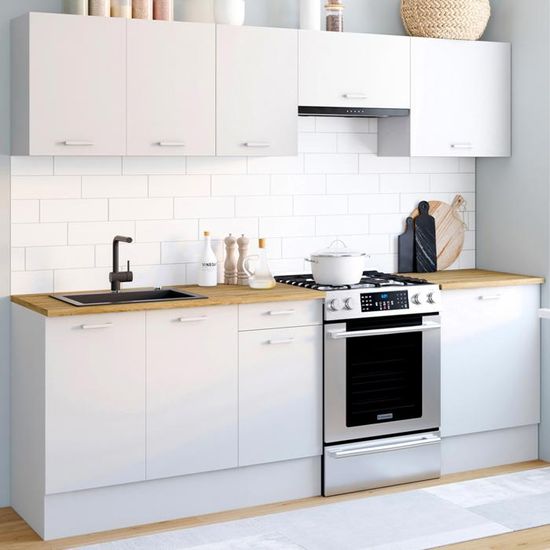 Cuisine Complète IDMarket SUBTIL 180cm - 5 Éléments Blanc Et Effet Bois - Plan De Travail Inclus