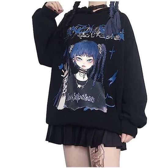Sweat a Capuche Femme Manga E Girl Y2K Gothique Noir Vetement Harajuku Noir Cdiscount Pret a Porter