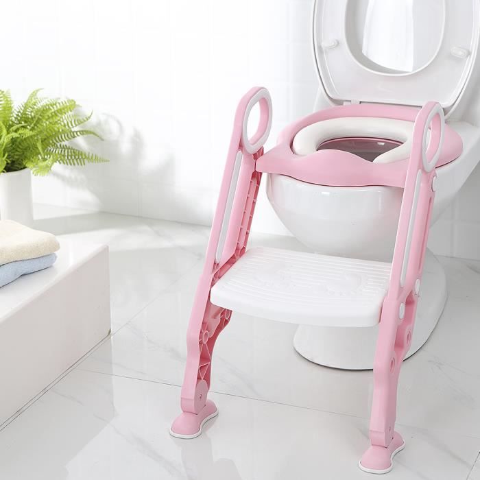 Réducteur de WC ZHONGLI Pour Enfant Bébé Pliable et Réglable avec Marches Larges-Rose Blanc