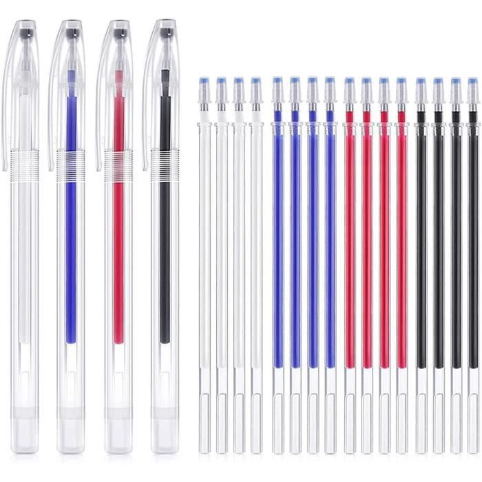 Lot De 4 Stylos Effaçables à Chaud Pour Tissu Avec 52 Recharges - Noir, Blanc, Rouge, Bleu - Pour Couture, Matelassage, Broderie