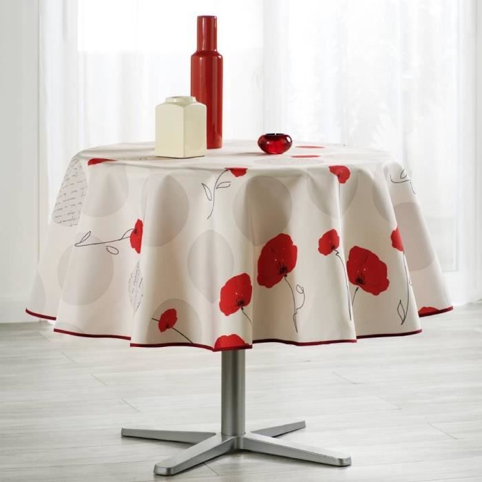 Nappe Fleur Coquelicot ronde - Anti Taches, Infroissable - 100% Polyester (Tissu)